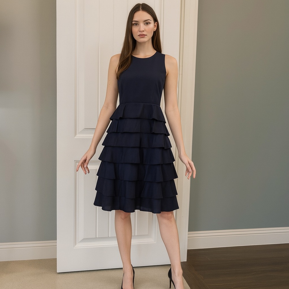 Orla Kiely Tiered Ruffle Dress | Dark Navy |Sleeveless Size 4